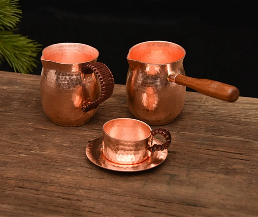 FeiC pure copper handmade coffee tea set Turkish Greek Arabic Coffee Pot with wooden handle Coffee Maker Ibrik for barista