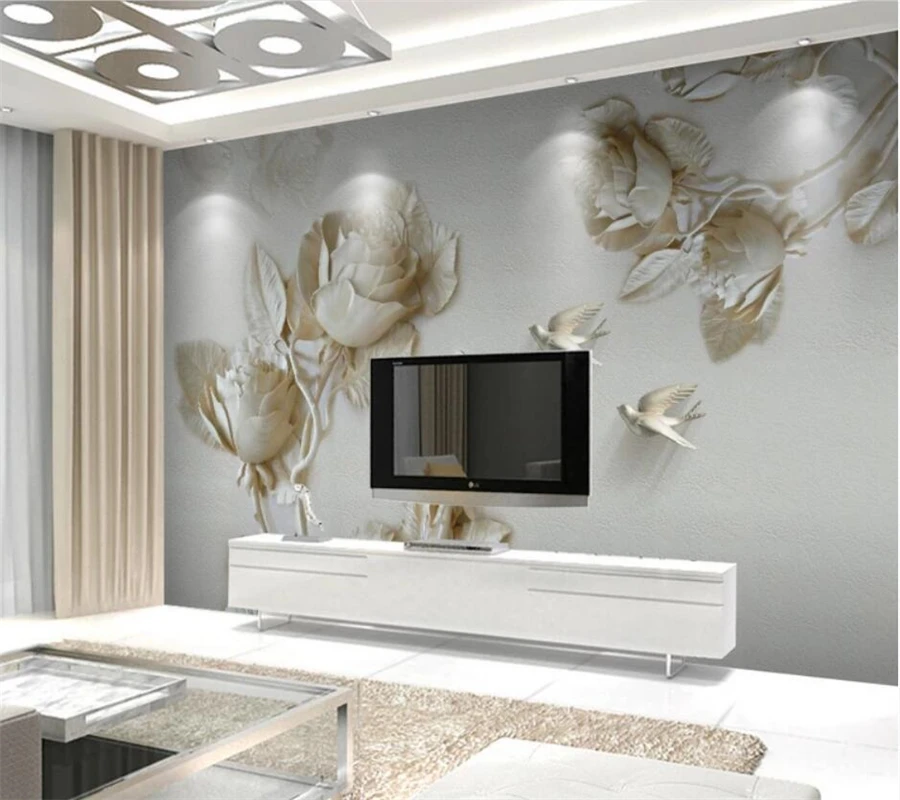 

Custom wallpaper 3d mural three-dimensional gold embossed rose flower bird background wall painting papel de parede 3d wallpaper