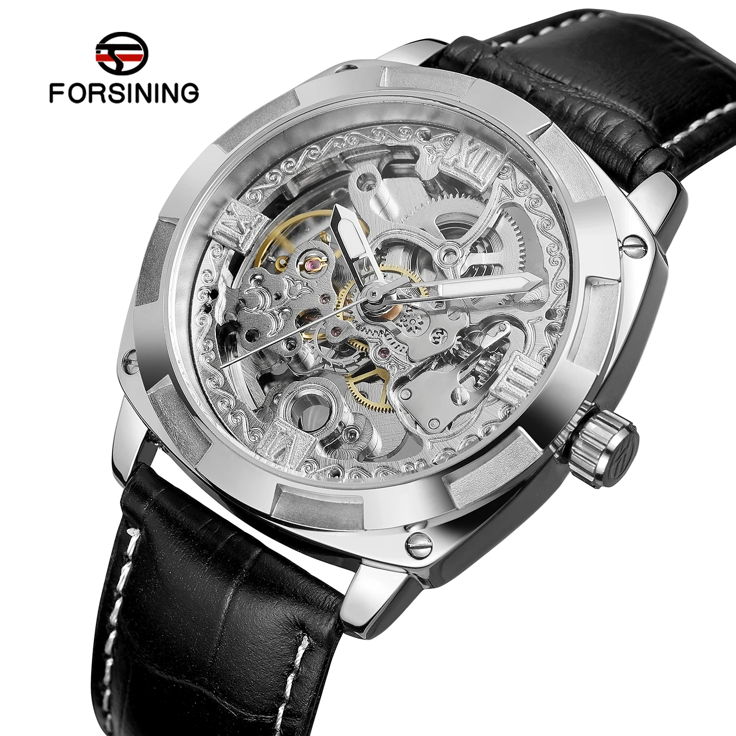 Forsining Top Brand  Royal Golden Flower Transparent Genuine Leather Creative Mens Clock Luxury Gold Skeleton Mechanical Watches