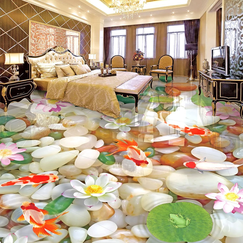 Custom 3D Photo Wallpaper Creative Floor Mural Pebbles Lotus Carp Bedroom Bathroom Non-slip Self-adhesive Vinyl Wall Sticker