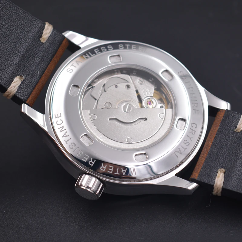 42mm Automatic Men\'s Watch  Miyota 8215 NH35 Sapphire Glass Black Dial Leather Strap Polished Case Green Luminous