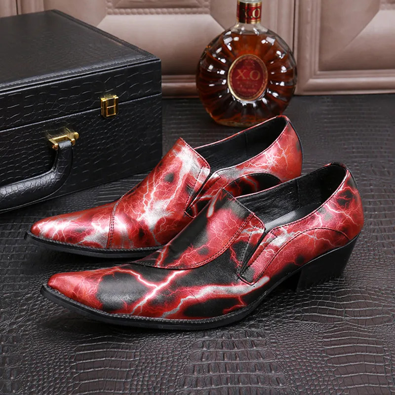 

chaussure homme red gold men shoes leather dress pointed toe classic print color slip on male oxford sapato social masculino