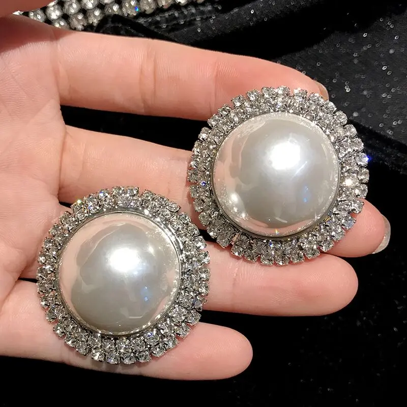 

Luxury shiny Rhinestone crystal With white Pearls Big Stud Earrings For women boho hyperbole earing fashion jewelry brincos Hot