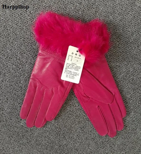 Harppihop Fur  Women Winter Genuine Leather Gloves Fashion Brand Rabbit Fur Warm Driving Girls Gloves Goatskin Mittens Guantes