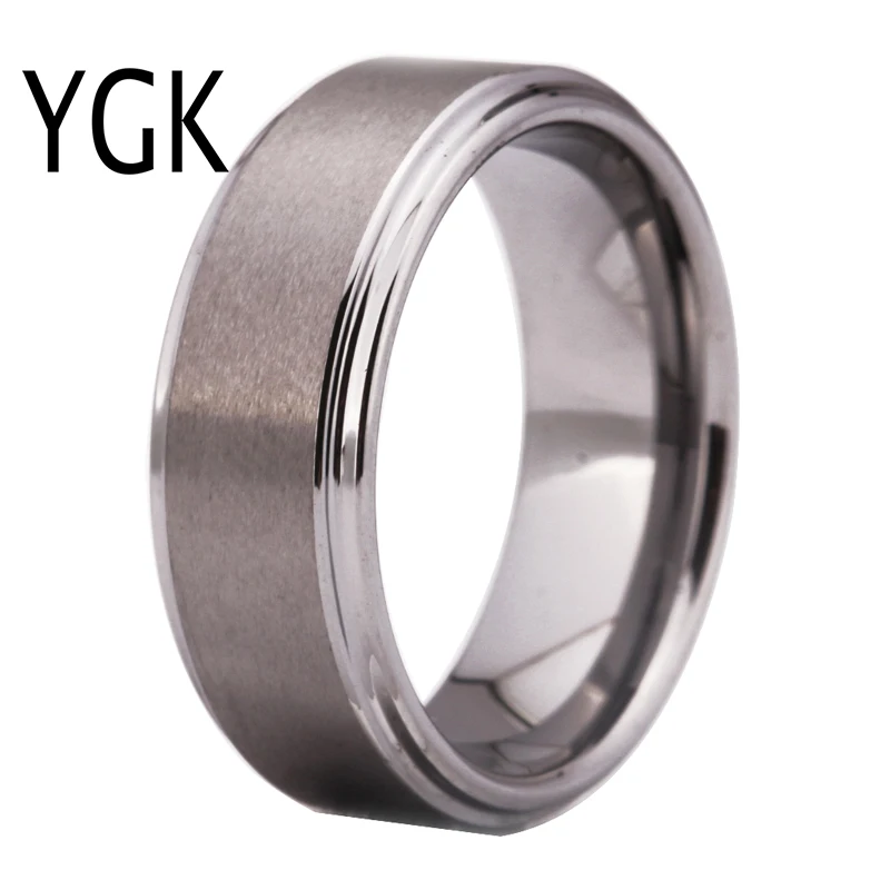 YGK Brand Jewelry  8mm Width Silver Color Matte Finished Flat Center Tungsten Ring with Bright Polished Step Edges for Wedding