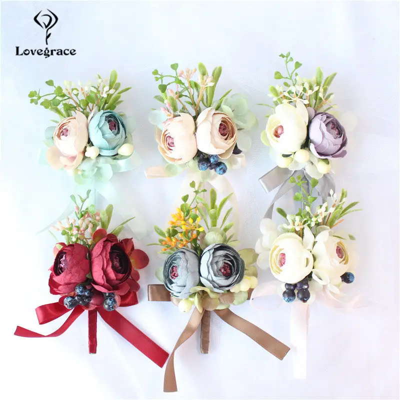 Mini Silk Roses Men Groom Boutonnieres Wedding Bridal Sisters Wrist Corsage White Blue Corsages Flower Marriage Suit Accessories