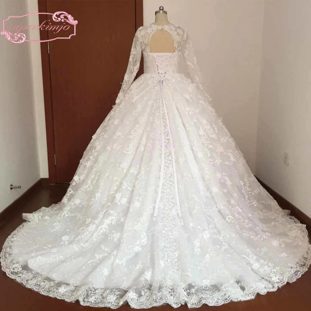 Custom Make 2020 Bridal Dress Lace Sheer Crew Neckline Hand Made Flowers Long Sleeve Ball Gown Wedding Dresses Real Picture