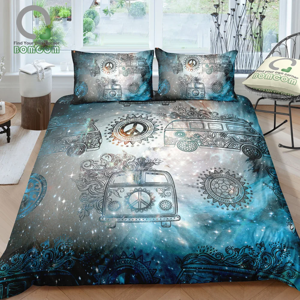 BOMCOM 3D Digital Printing Camper Van Peace Hippie Symbol Hippie Style Galaxy Background Duvet Cover Sets 100% Microfiber Clear