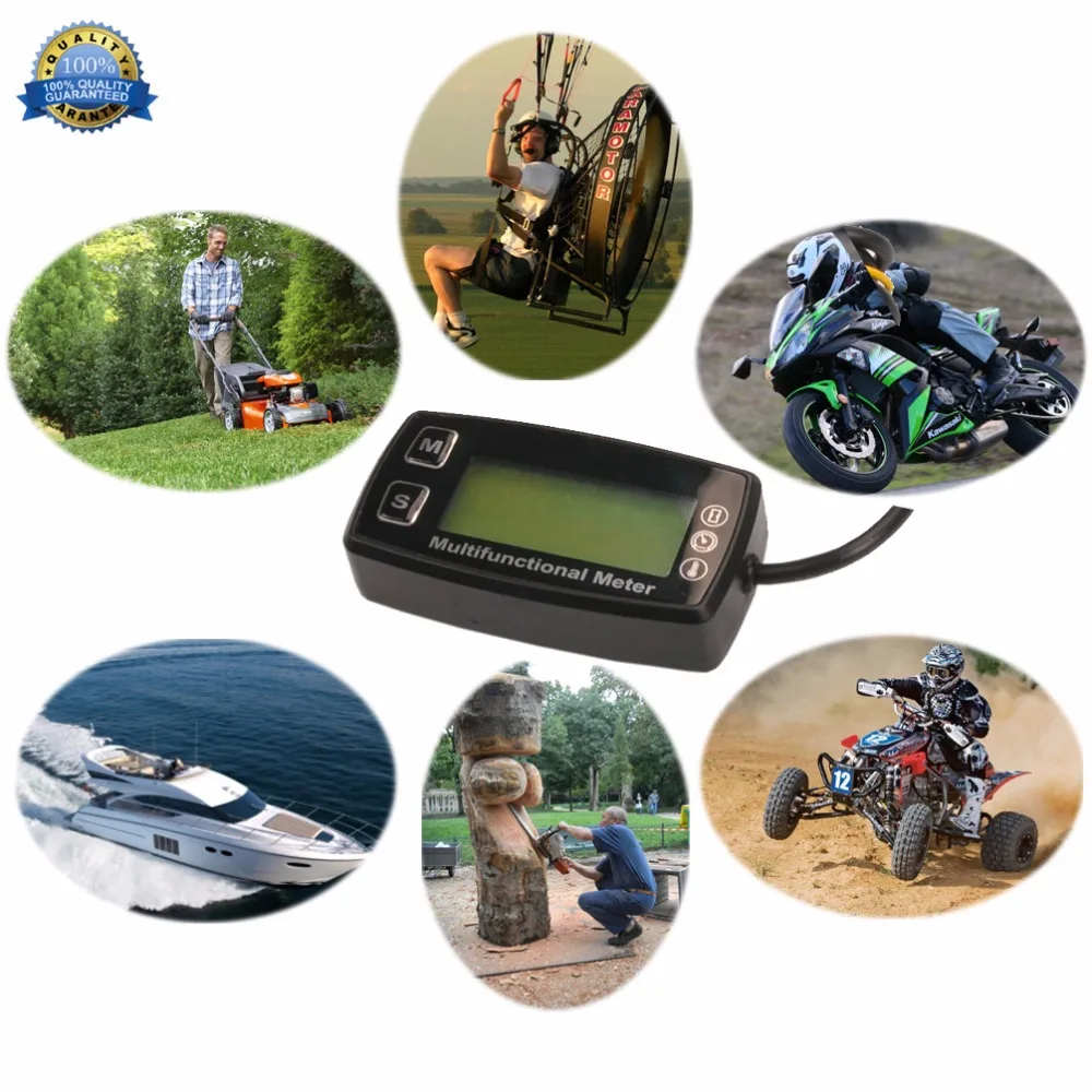 Digital LCD Tachometer Hour Meter Thermometer Temperature for Gas UTV ATV Outboard Buggy Tractor JET SKI Paramotor Marine ATV