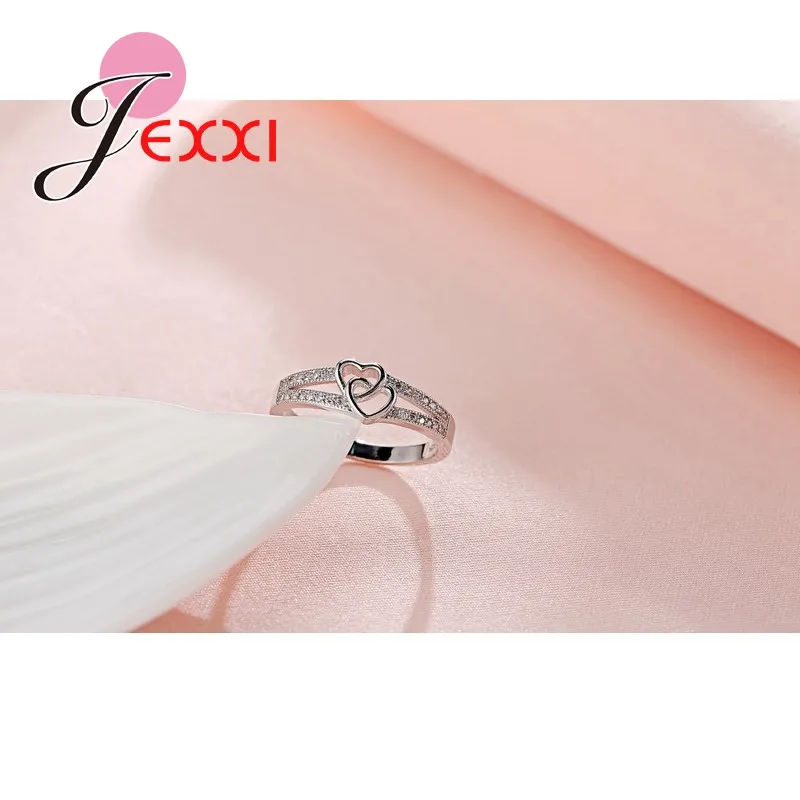 New Arrival S925 Sterling Silver Needle Delicate Double Love Heart Design Hollow Cubic Zircon Finger Rings For Women Girls