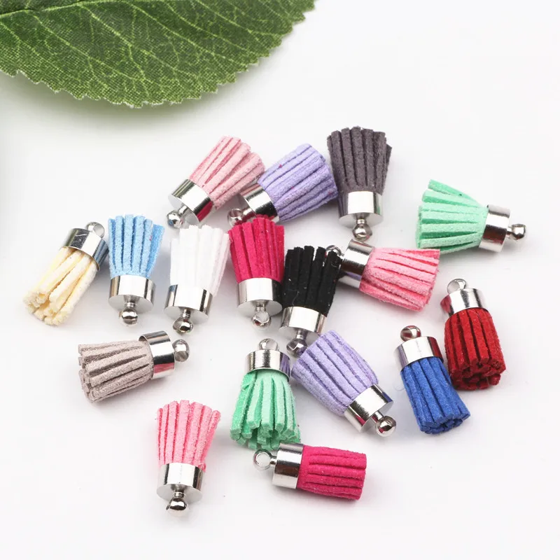 키 체인용 스웨이드 작은 술, 가죽 술, 실버 캡 스트랩, DIY 주얼리 만들기, 매력 펜던트, 혼합 색상, 100 개