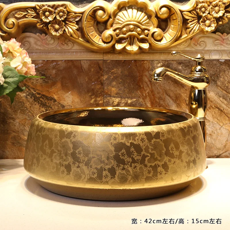 

Jingdezhen ceramic art countertop wash basin bowl for bathroom lavabo sink gold Bathroom sink wash basin round