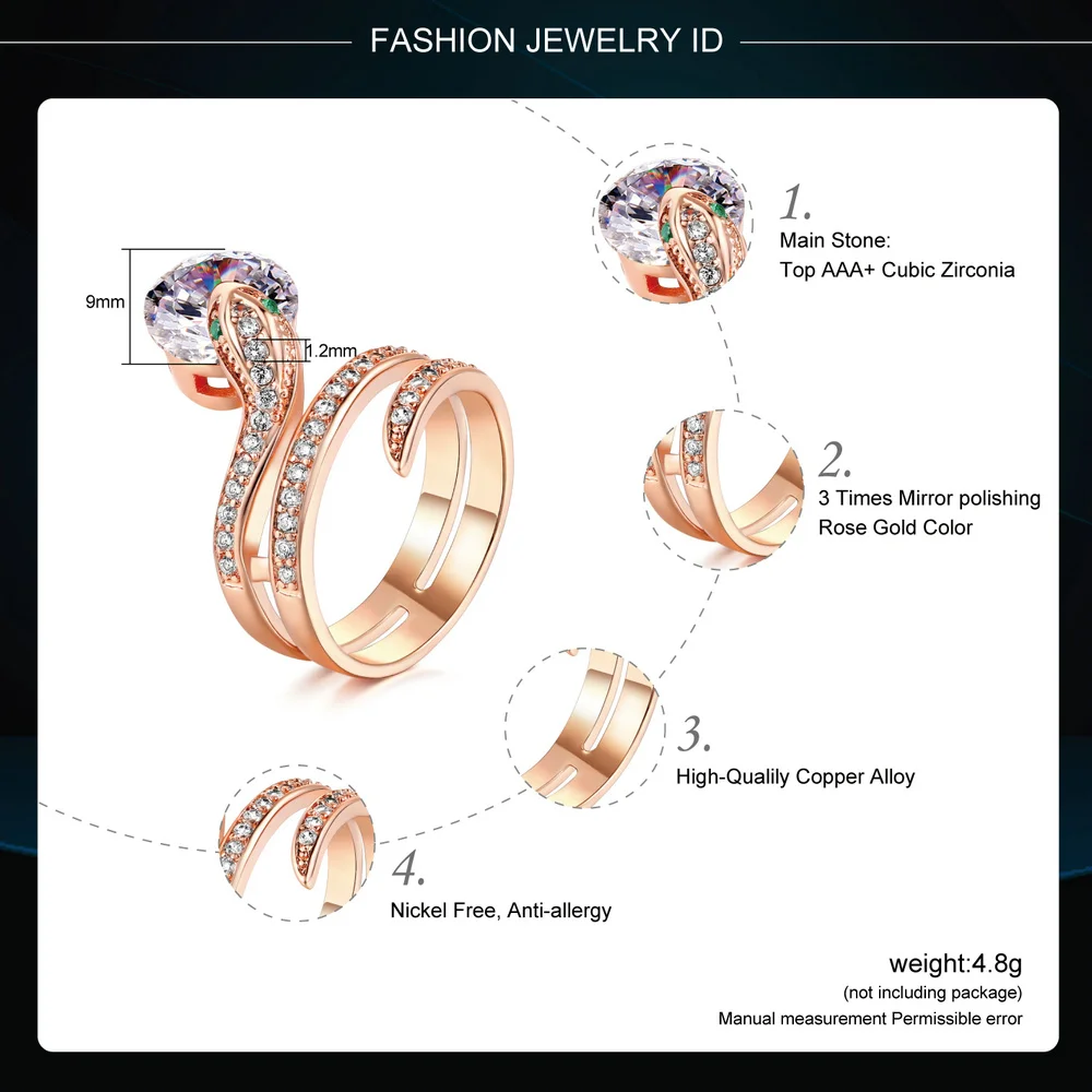 Double Fair Snake Shape Clear Green Cubic Zirconia Finger Rings Rose Gold Color Fashion Punk Style Jewelry For Women DFR271