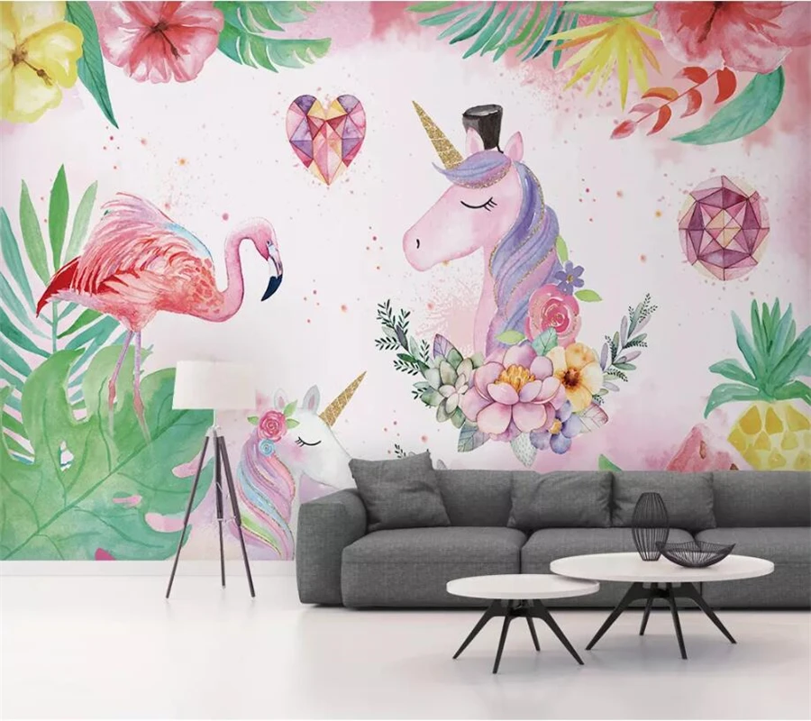 beibehang Custom wallpaper 3d photo murals Nordic simple flamingo unicorn children's room decoration TV background wall paper