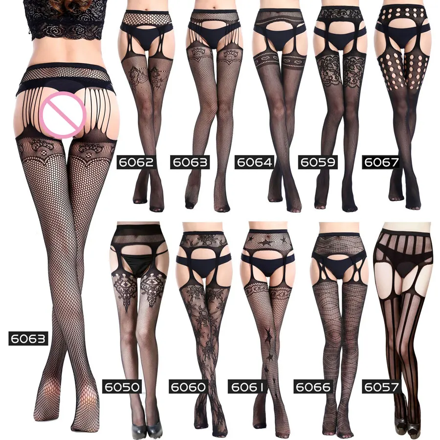 New Style Women Hot Sexy Garter Belt Stocking Crotchless Sheer Net Lace Tighs Top Over Knee Erotic Lingerie Nylons Pantyhose