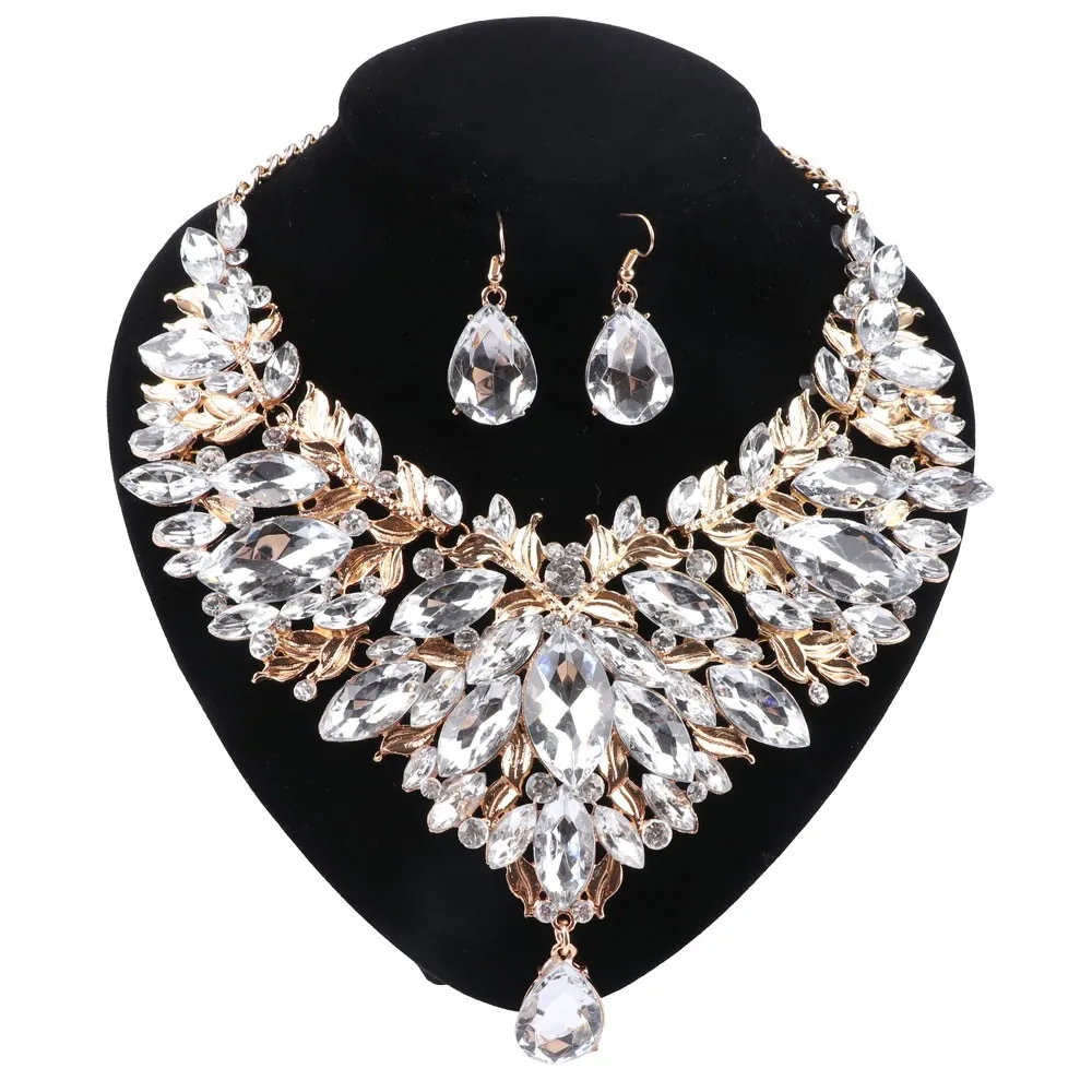 Fashion Bridal Costume Crystal Choker Necklace For Women Statement Necklaces Earring Collar Boho Jewelry Sets 7 Colors