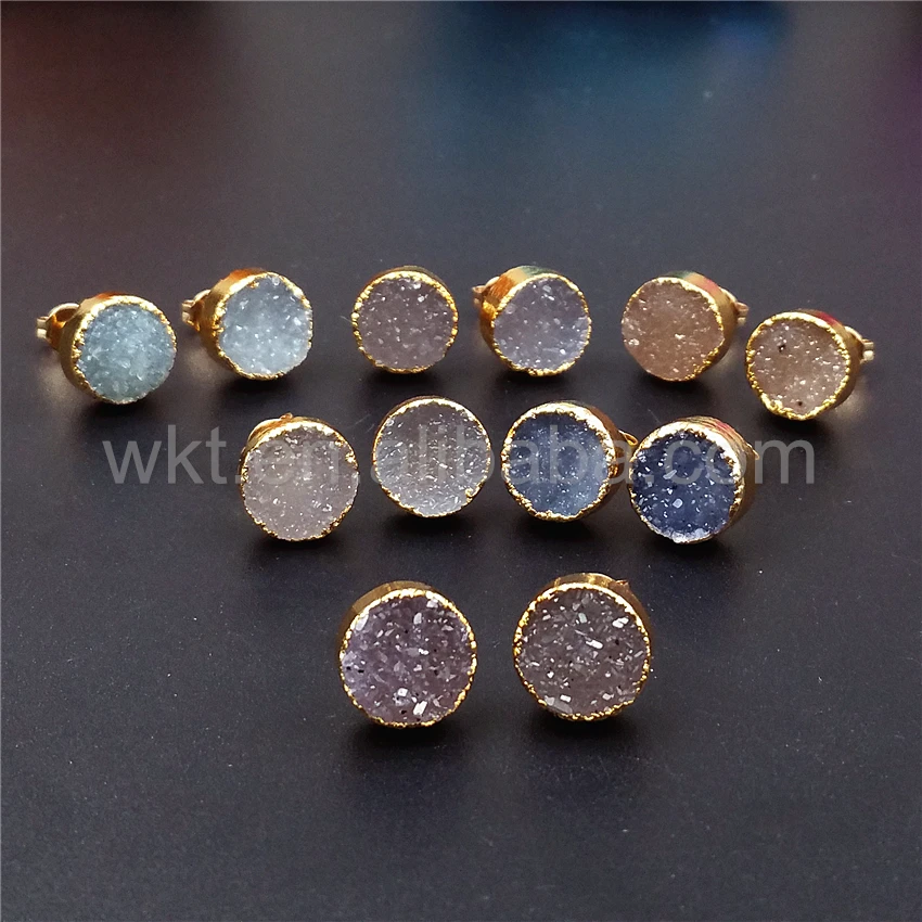 WT-E271 Natural Druzy Agate Stone Round Shape Gold Plated  Earrings  For Friends Jewelry Gift