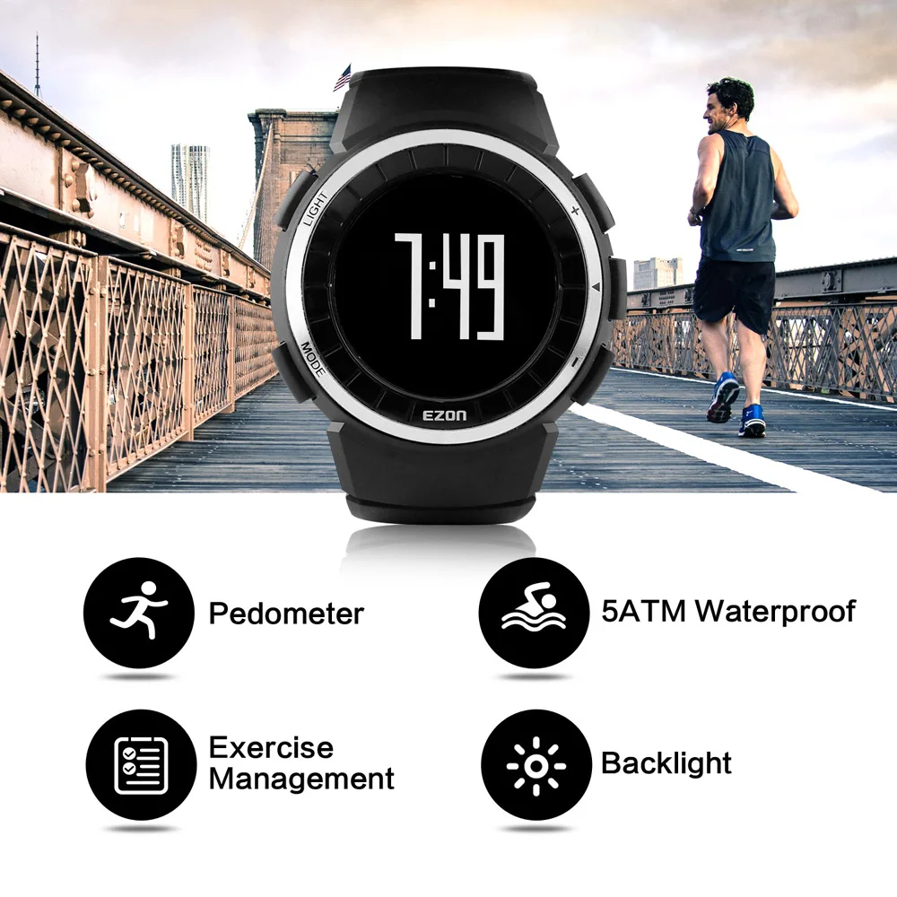 EZON T029 Men Sports Watch Pedometer Calories Chronograph Fashion Outdoor Fitness Watches 50M Waterproof Digital Wristwatches