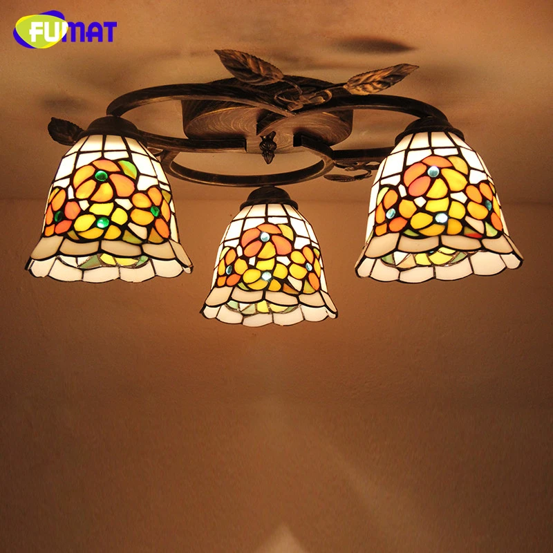 

FUMAT Glass Art Lamp European Style Creative Round Dragonfly Rose Ceiling Lamps Stained Glass Light Fixtures For Living Room