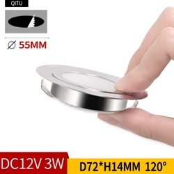 QITU DC12v/24v Recessed Slim Small Downlight 3W RV Light Ceiling LED Cabinet Light 55MM Stainless Steel Waterproof Spotlight