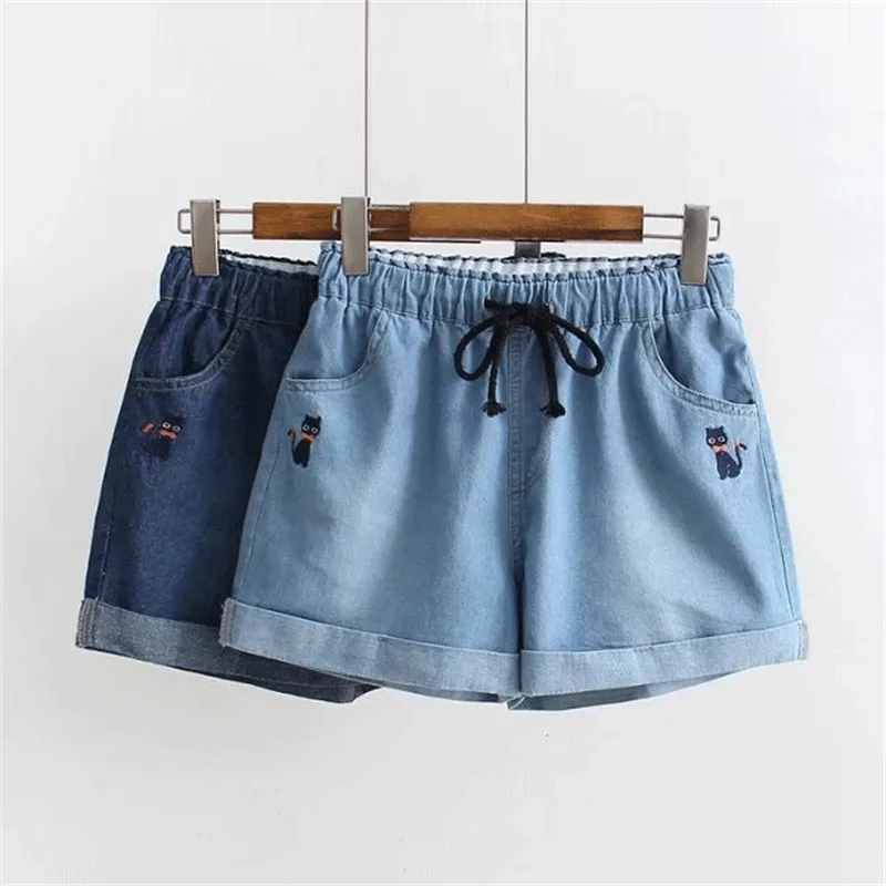 

Japanese Soft Sister Rolled Kawaii Women Denim Shorts Summer Cat Embroidery Elastic Drawstring Waist Cuffs Casual Jean Shorts