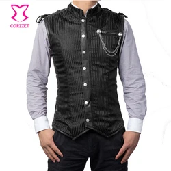 Black Striped Collar Long Sleeveless Vest Vintage Coats Corset Jacket Steampunk Waistcoat Mens Gothic Clothing Plus Size 6XL