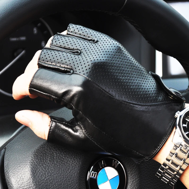 Guantes de piel auténtica para hombre, de medio dedo, de piel de oveja, antideslizantes, transpirables, para conducir, sin forro, TB04