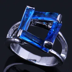 Enchanting Rectangle Blue Cubic Zirconia Silver Plated Ring V0615