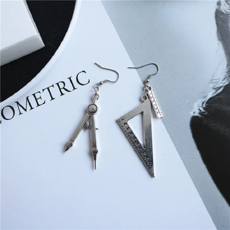 Vintage Silver-color Creative Interesting Earrings For Women Spoon Fork Triangle Ruler Scissors Pendant Earrings Charm Jewelry