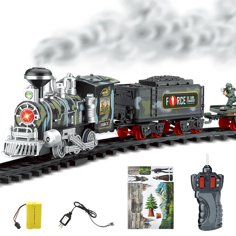 Electric Smoke and Run Truck Remote Control Track Train Simulation Model Charging Classic Steam Train Set Boy Toy Very Fun Game