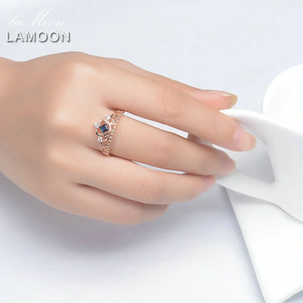 LAMOON Crown Wedding Ring Princess Cut 100% Sapphire Gemstone 925 Sterling Silver Fine Jewelry Rings For Women RI047