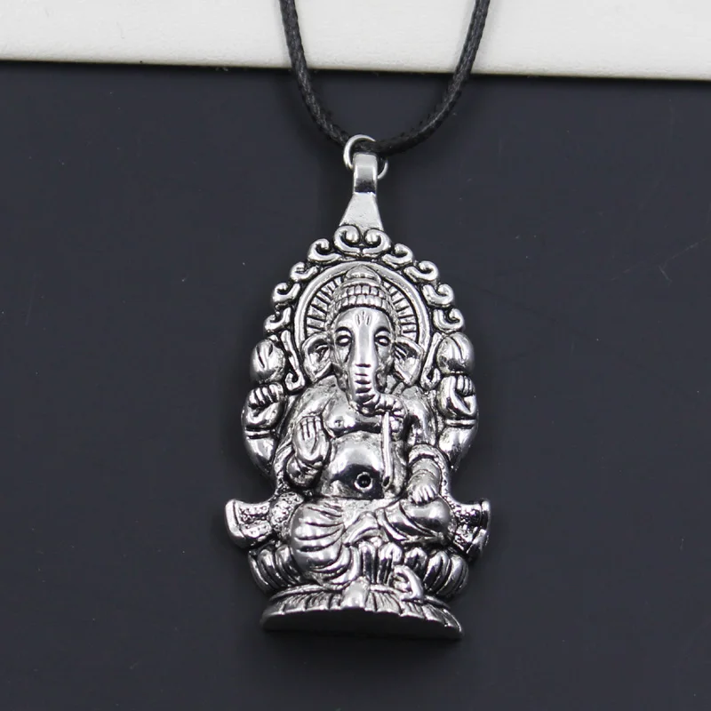 New Durable Black Faux Leather Ganesha Buddha Elephant Pendant Cord Choker DIY Necklace Retro Boho Tibetan Silver Color