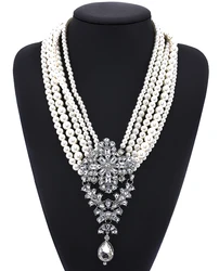 Fashion Multilayer Imitation Pearls Necklace With Crystal Pendants Women Indian Statement Maxi Long Necklace Pendants Jewelry