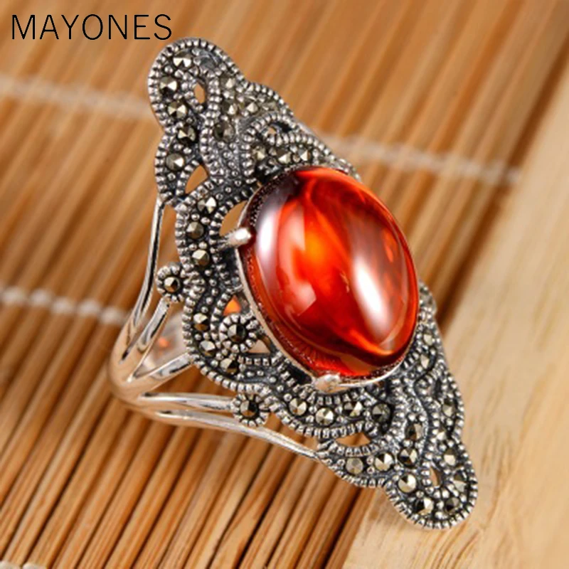 MAYONES Vintage 925 Sterling Silver Red Garnet Rings For Women Retro Big Oval Punk Style Handmade Bijoux Indian Jewelry