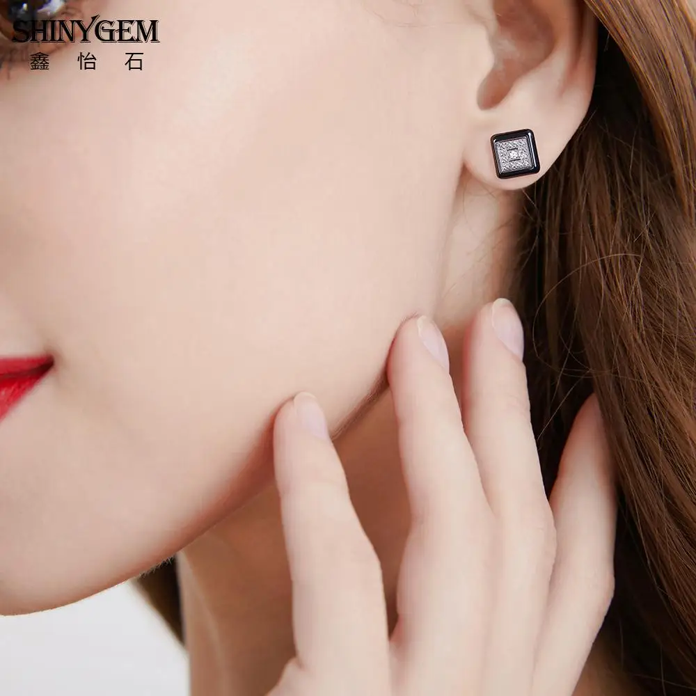 ShinyGem Black White Ceramic Stud Earrings Round/Square Stainless Steel Earrings AAA White Zircon Korean Earrings For Women 2020