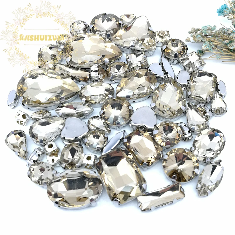 58pcs 10shapes 25sizes Mix Light coffee shape and sizes Glass Crystal rhinestones silvery bottom DIY Clothing accessories