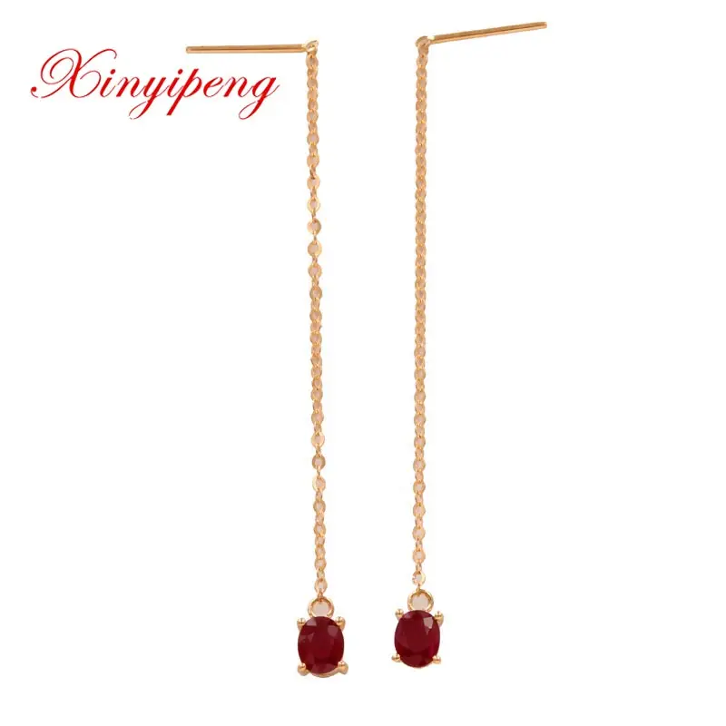 

Xin yi peng fine jewelry real 18k rose gold 100% natural oval ruby female drop earrings for women fine earrings AU750