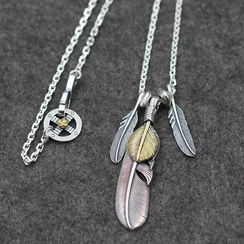 

S925 Sterling Silver Tai Kok Necklace Retro Thai Silver Takahashi Goro Feather Pendant Men And Women High-end A Set Necklace