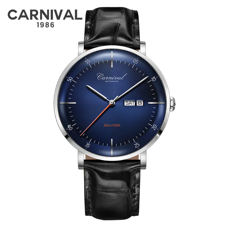 CARNAVAL Hoge kwaliteit MIYOTA automatisch horloge gebogen saffier mechanische horloges voor heren kalender leer waterdicht Montre Homme