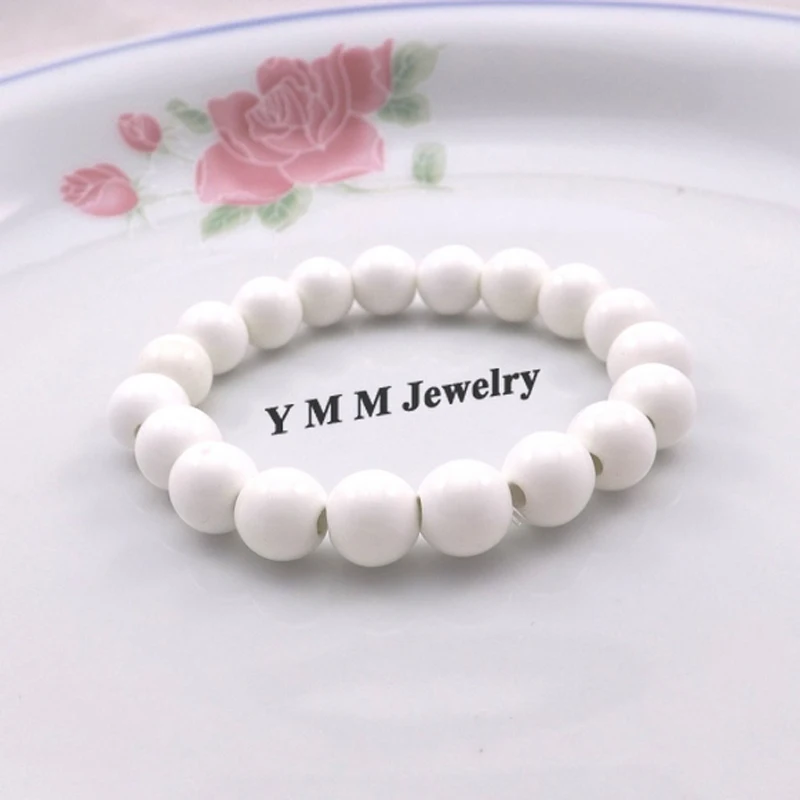 White 10mm Ceramic Beaded Stretchy Bracelets 12pcs/lot Wholesale