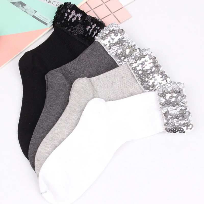 Fashion Short Glitter Socks Women Vintage Cotton Shiny Socks Harajuku Soft Cute sock Casual Chic Bead Art socks Female Hosiery