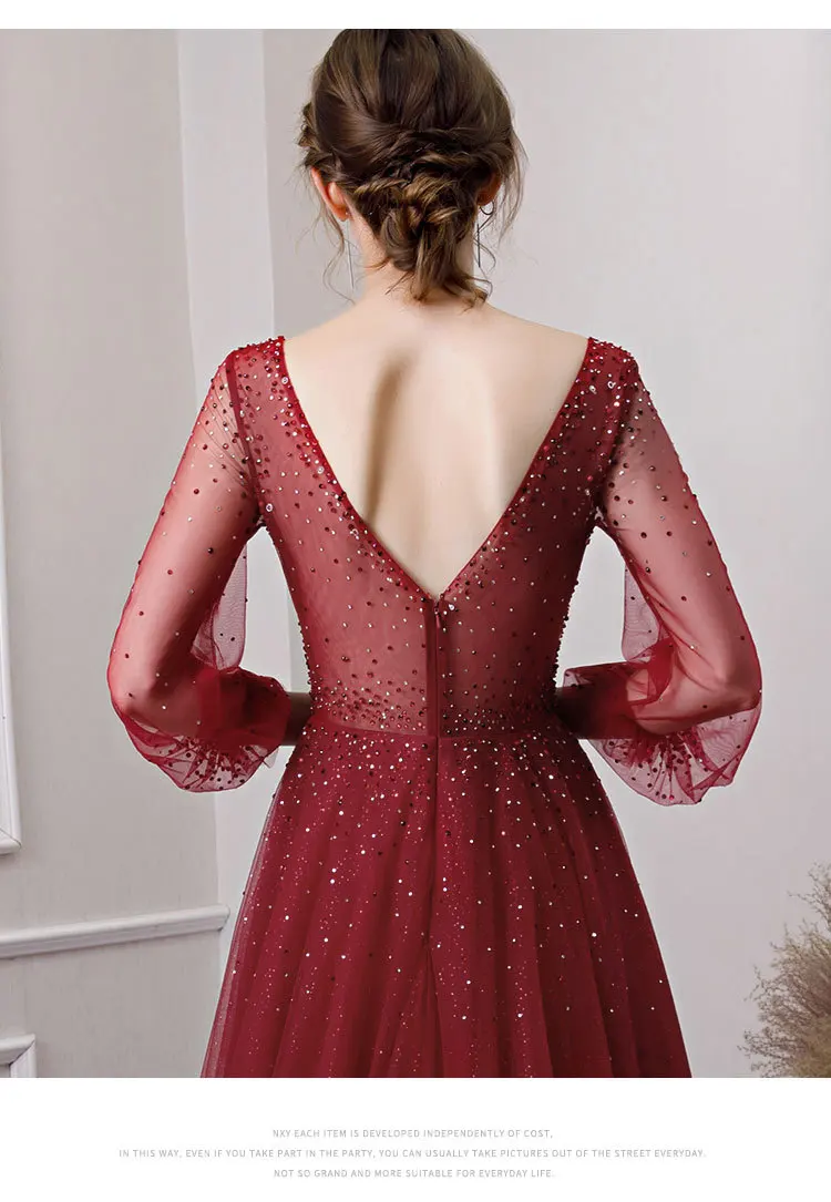 Luxe Avondjurken 2019 A-lijn Lange Mouwen Kralen Kristallen Dark Red Vrouwen Formele Party Prom Dress Robe de Soiree