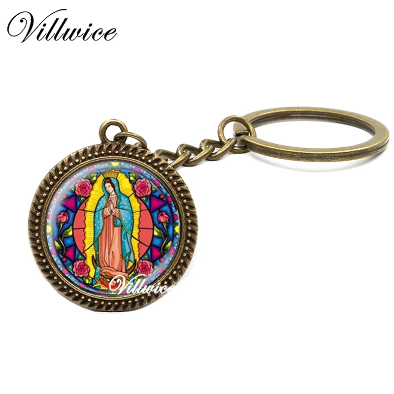 New Our Lady of Guadalupe Key Chains Virgin Mary Sacred Heart Religious Stained Jewelry For Women men gift