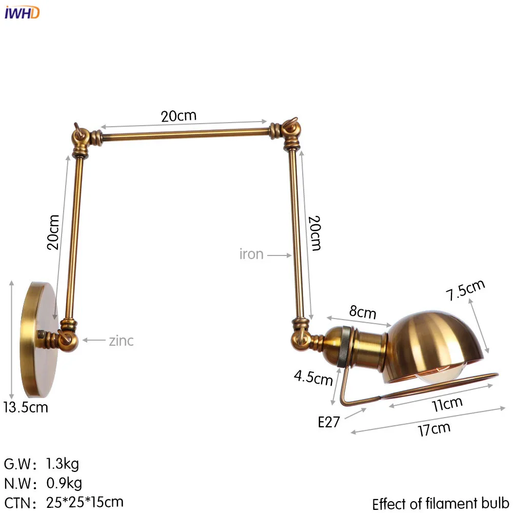 IWHD Golden Loft Style Retro LED Wall Lights Fixtures Adjustable Swing Long Arm Wall Lamp Edison Sconce Lampara Appliques Pared