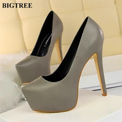 BIGTREE Shoes Women Concise PU Leather/ Flock Super High Heels Pumps Black White Pointed Shallow Platform Party Shoes Woman 2024