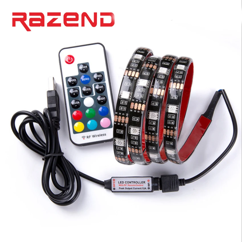 USB LED Strip 5050 RGB TV Background Lighting Kit Cuttable with 17Key RF Controller or Mini 3Key Controller ,1M/2M Set