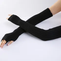 women's long fingerless winter knitted gloves costume mittens without fingers black white