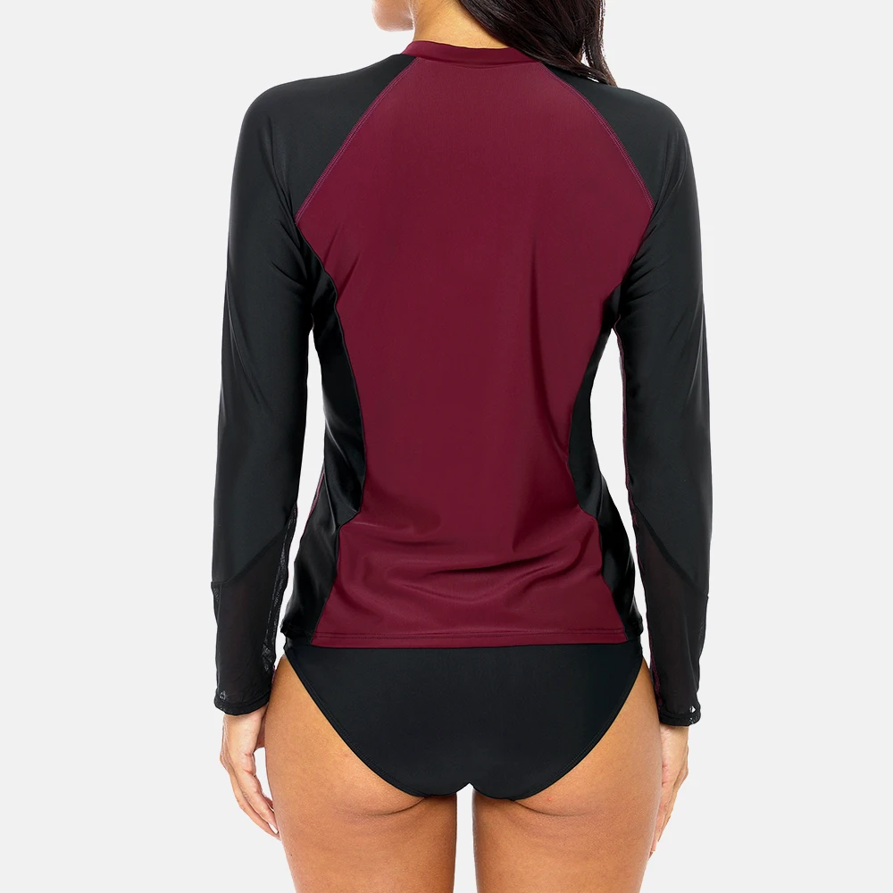 Attraco Rashguard Shirt Swimsuit Women Long Sleeve Front Zipper Patchwork Swimwear Surfing Top Hiking Shirt Rash Guard UPF50+