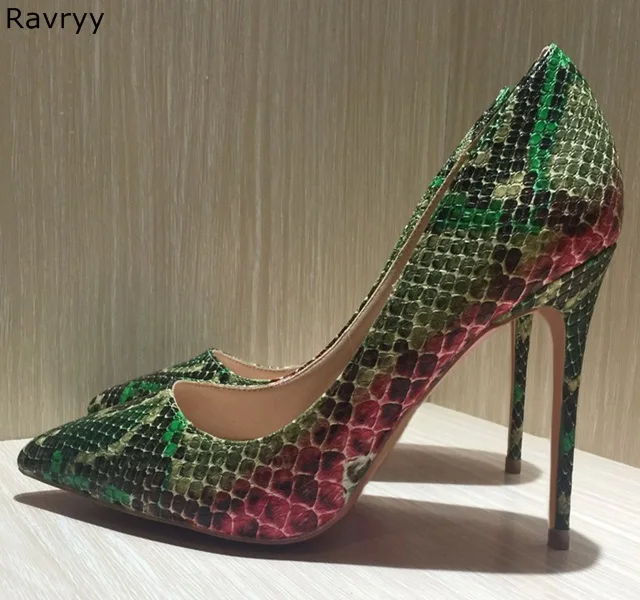 

High Quality Red Green snakeskin Sexy Pumps Woman high heel Pointed Toe 10/12CM female stiletto heels OL out fits party shoes