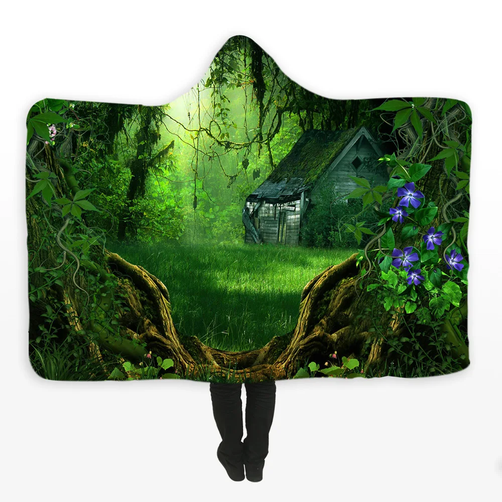 3D Printed Dreamlike landscape Fleece Blanket For Kids Baby Adults Winter Thick chunky Hooded Blankets Sofa Beds Throw